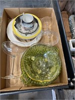 Footed Amber Glass Dish & Decorator Plates