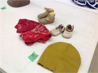 vintage baby shoes, bandana's, stocking cap