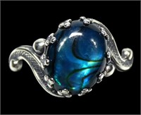 Sterling silver oval blue paua in bypass setting,