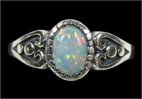 Sterlig silver lab fire opal ring, size 7