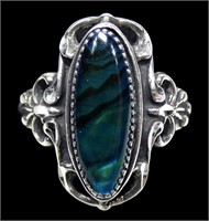 Sterling silver bezel set blue paua ring, size 9