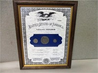FRAMED U.S. LEGAL TENDER CERTIFICATE WITH COINS