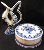 ANTIQUE DELFT EWER AND COVERED DISH