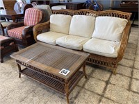 RATTAN SOFA W/CUSHIONS & GLASS TOP COFFEE TABLE