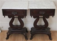 Pair marble top lyre base side tables