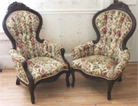 Pair Victorian rose carved parlor chairs