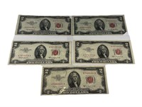 Lot of 5 Red Seal $2 Bills