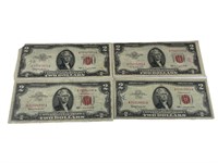 Lot of 4 Red Seal $2 Bills