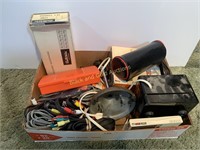 Box of microphones, stands, cables, more