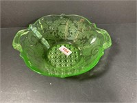 Green depression glass handled bowl