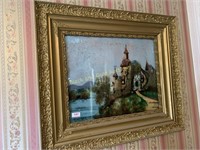 Reverse painted on glass castle scene