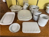Group of white Corning ware and more