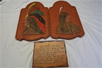 2 wooden native wall hangings & plaque