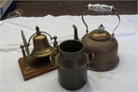 copper kettle, brass bell & min. milk can (some