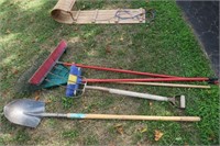 shovel, fork, broom