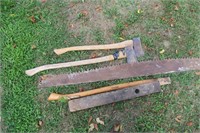 2 axes, level, cross cut blade, handle