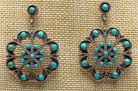 Zuni Sterling & Turquoise Earrings - Signed 8.83g
