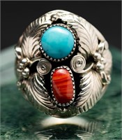 925 Navajo Sz 10.5 Ring Turquoise & Coral 11.4g