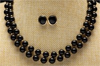 14K Gold & Onyx Beaded Necklace & Earring Set 55g