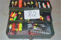 OLD METAL TACKLE BOX LOADED WITH BOBBERS, ETC