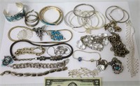 Silver Tone & Blue Jewelry w Bangles, Brooches +