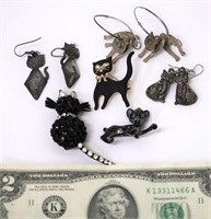 Vintage Cat Brooches & Earrings w Sterling