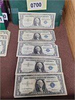 (5) $1.00 BLUE SEAL SILVER CERTIFICATES