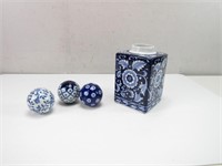 Blue & White Floral Vase & Decorative Balls