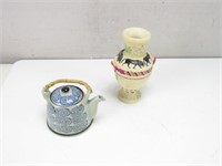 Terracotta Greek Style Vase & Grey/Blue Teapot