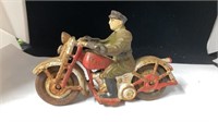 1930's Cast Iron Patrol Motorcycle Cop 6" Long