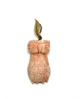 14K Gold Pink Coral Carved Owl Pendant.