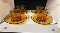4 Vintage Duralex Amber Glass Cups & Saucers