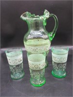 Antique hand blown pitcher with 3 glasses