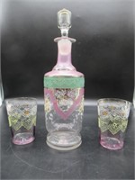 Antique hand blown decanter with 2 glasses
