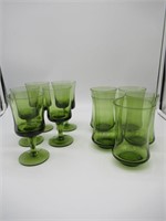 Vintage sets of 5 green glasses two styles
