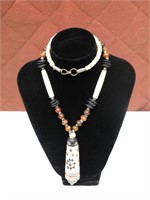 Vintage 1980s Carved Bone Bead Necklace and bracel