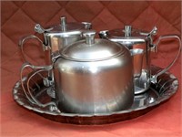 Vintage metal teapots (3) with a tray)