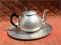 Vintage pewter teapot and a tray - hand hammered