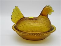 Antique Amber Glass Hen on a Nest