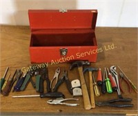 Red tool box filled with tools. Wire stripper,