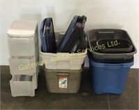 7 totes and lids and 1 plastic storage shelf