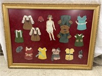 FRAMED VINTAGE PAPER DOLL AND CLOTHES 26in t x