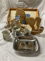 TWO LENOX MUGS, SMALL WOODEN ROCKING HORSE, TRAY