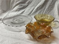CAKE PLATE, CARNIVAL GLASS ROSE THEMED BOWL AND