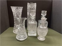 TWO CRYSTAL DECANTERS, THREE CRYSTAL VASES AND