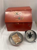 VINTAGE RANSBURG RED FLORAL METAL BREAD BOX AND