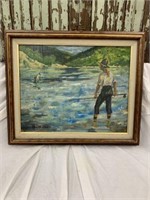 FRAMED OIL ON CANVAS - FLY FISHERMAN - BY B.