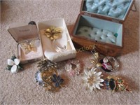 Costume jewellery pins and jewellery box