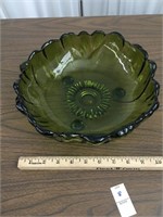 Large Green Glass Sunflower Bowl w/ feet