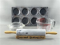 Graniteware Muffin Pan, Pyrex, Marble Rolling Pin